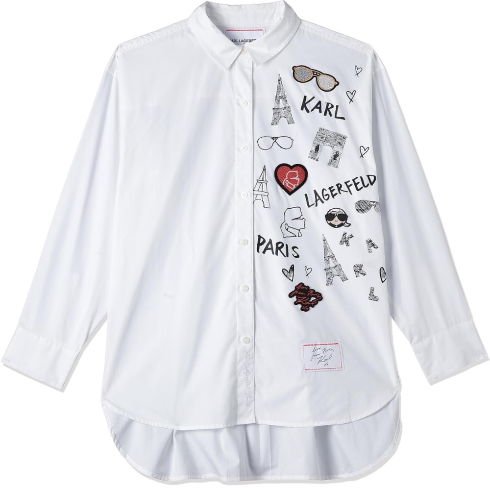 KARL LAGERFELD Embroidered & Graphic Logo Shirt - White - XS